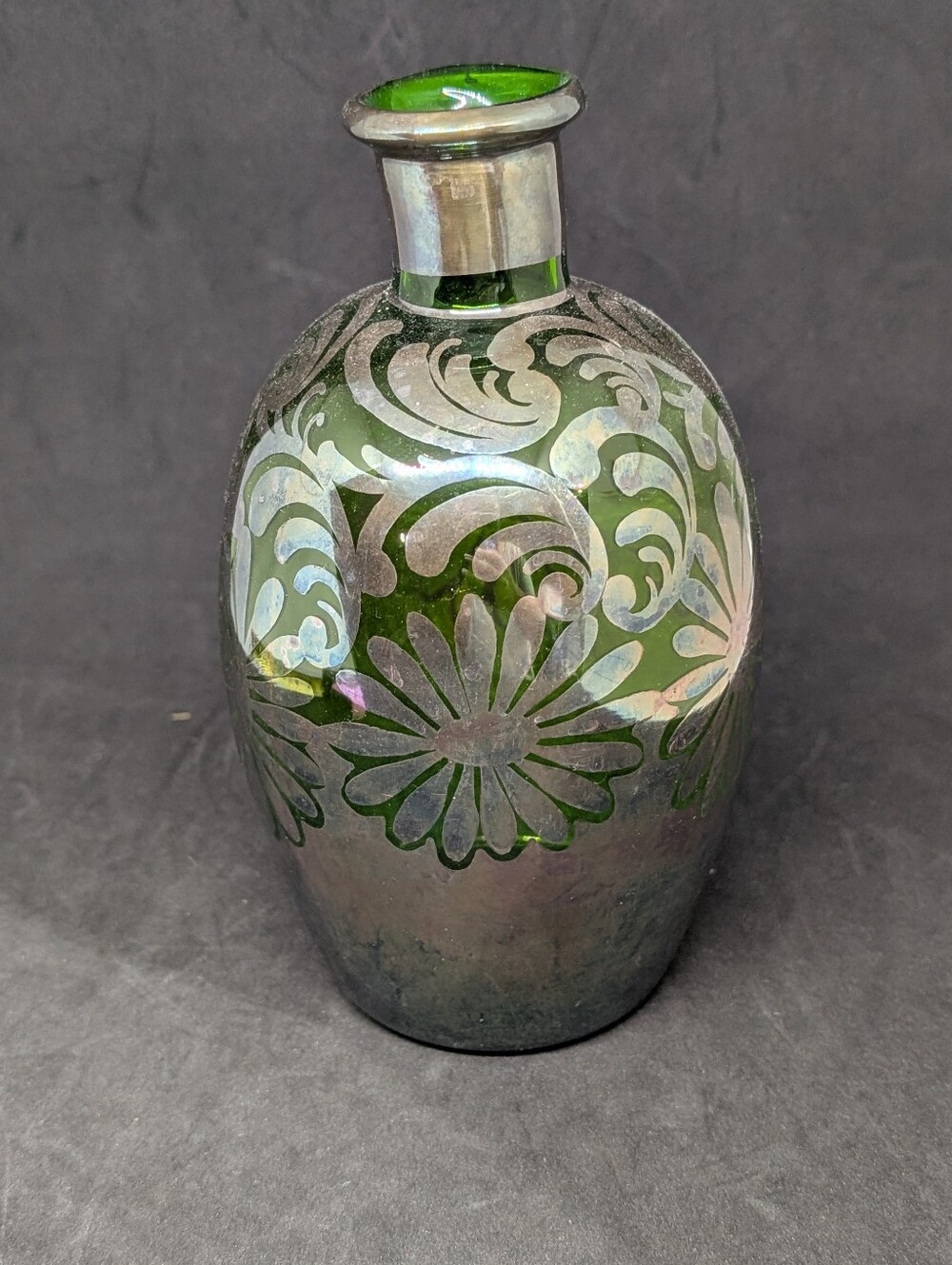 Vtg Silver Overlay Green Glass Decanter Bottle - Picture 1 of 12